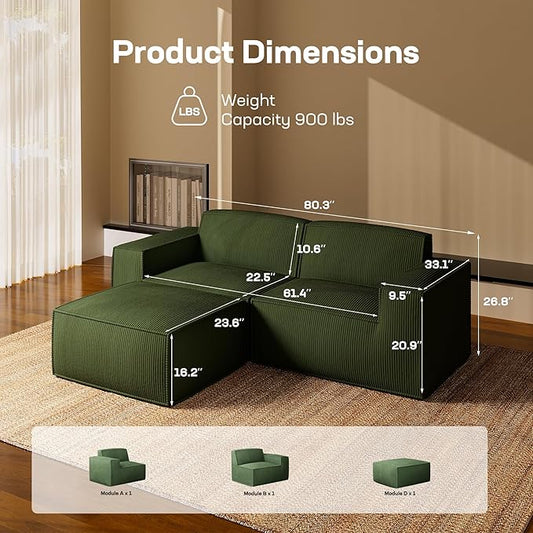 Marsail Modular Sectional Sofa, 80" L-Shaped Modular Sectional Couch with Deep Seat, Freely Combinable Sectional Cloud Sofa for Living Room, No Assembly, Plush Corduroy Fabric, Green