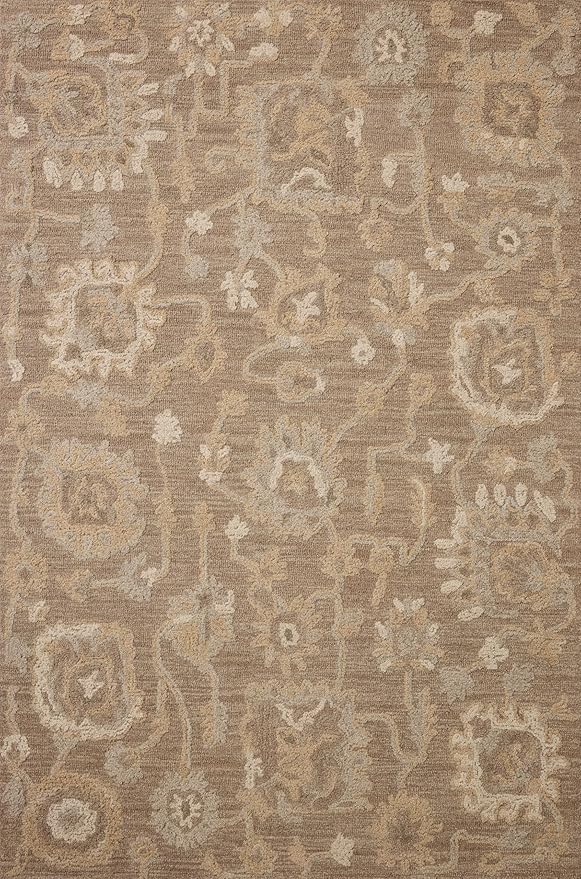 Loloi Chris Loves Julia Dorothea Collection DRT-01 Bark/Stone 7'-9" x 9'-9" Area Rug Wool Neutral Floral Living Room Bedroom Carpet