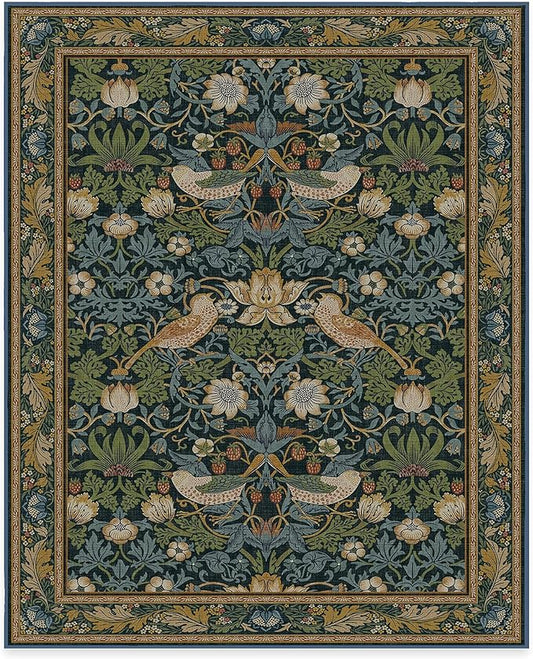 RUGGABLE x Morris & Co Washable Area Rug – Strawberry Thief Indigo 8x10, Stain-Resistant, Non-Slip – Large Machine Washable Rugs for Living Room, Bedroom, Hallway, Entryway & Office–with Standard Pad