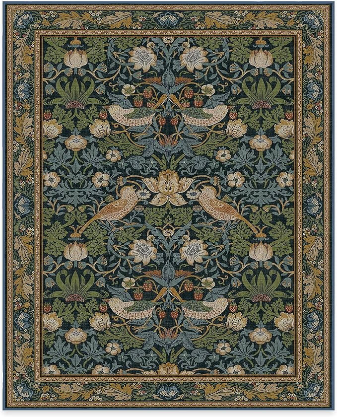 RUGGABLE x Morris & Co Washable Area Rug– Strawberry Thief Indigo 8x10, Stain-Resistant, Non-Slip – Large Machine Washable Rugs for Living Room, Bedroom, Hallway, Entryway & Office–with Cushioned Pad
