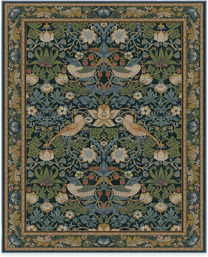 RUGGABLE x Morris & Co Washable Area Rug– Strawberry Thief Indigo 8x10, Stain-Resistant, Non-Slip – Large Machine Washable Rugs for Living Room, Bedroom, Hallway, Entryway & Office–with Cushioned Pad