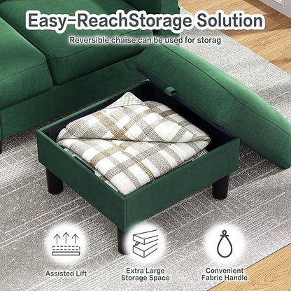 JY QAQA Convertible Sectional Sofa Couch with 3-Seat Sofa, L-Shaped Ottoman Couch with Modern Linen Fabric for Small Living Room, Apartment and Small Space(Green)