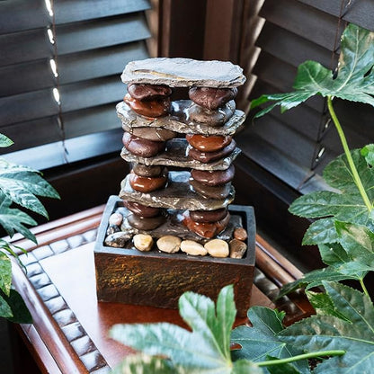Alpine Corporation TT8002 Indoor/Outdoor Tabletop Stacked Rocks Eternity Fountain, Modern Rocks Tabletop Fountain 12", Brown