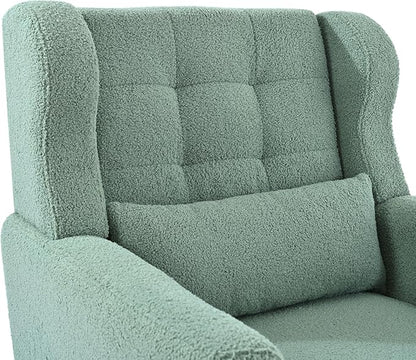 Accent Chair, Comfy Upholstered Living Room Chairs with High Tufted Backrest and Pillow, Wingback Reading Chair with Solid Wood Legs for Bedroom/Office, Teddy Fabric, Light Green