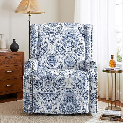 Pia Ricco Swivel Glider Recliner Chairs Set of 2, High Back Rocker Reclining Accent Chair with Smooth Manual Mechanism for Nursery, Comfortable & Quiet Upholstered Armchair Seating-Bule Pattern
