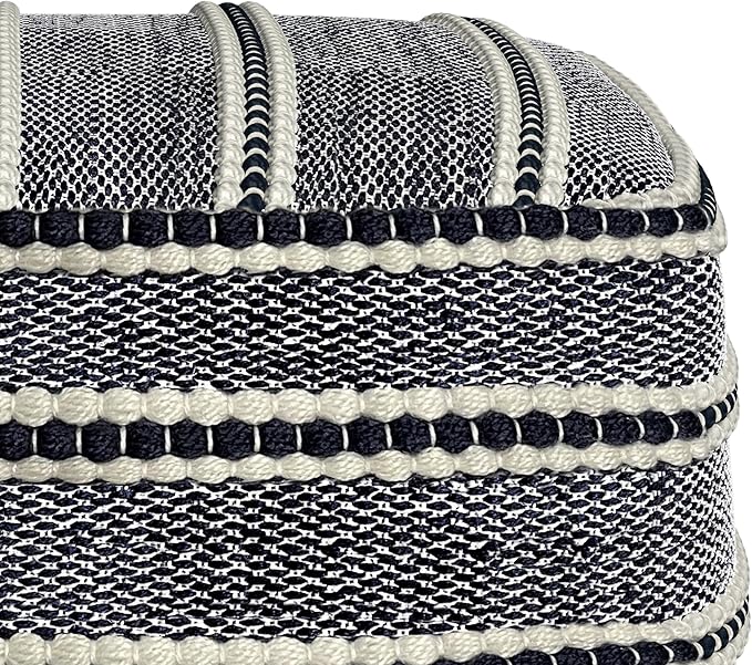 SIMPLIHOME Corrie Boho Square Woven Outdoor/ Indoor Pouf in Navy and White Recycled PET Polyester for the Living Room, Bedroom and Kids Room