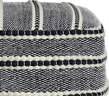 SIMPLIHOME Corrie Boho Square Woven Outdoor/ Indoor Pouf in Navy and White Recycled PET Polyester for the Living Room, Bedroom and Kids Room