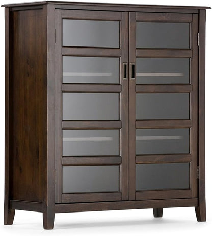SIMPLIHOME Burlington SOLID WOOD 40 inch Wide Transitional Medium Storage Cabinet in Mahogany Brown, with 2 Tempered Glass Doors that open to 4 Adjustable Shelves