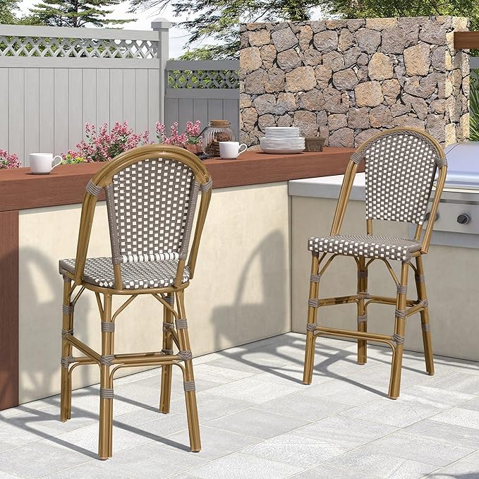 PURPLE LEAF French Bar Stool Set of 2 Bamboo Print Finish Patio Bar Stools with Back Rattan Chairs Wicker Bar Height Stool 30" with Footrest Kitchen Island Stools Outdoor Barstool Grey