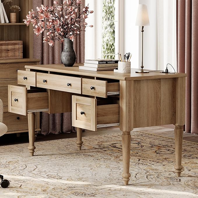 WAMAPT Farmhouse Executive Desk with 5 Drawers, Home Office Desk with Charging Station, Wood Computer Desk with File Cabinet Storage, Door, Open Shelf for Work and Study, Oak, 55 inch