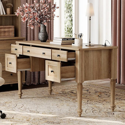 WAMAPT Farmhouse Executive Desk with 5 Drawers, Home Office Desk with Charging Station, Wood Computer Desk with File Cabinet Storage, Door, Open Shelf for Work and Study, Oak, 55 inch