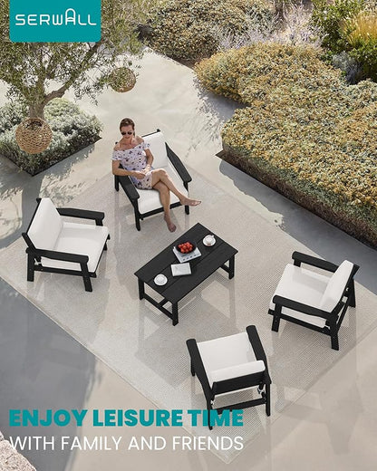 SERWALL Outdoor Patio Furniture Set, 5 Piece HDPE Patio Conversation Sets, All-Weather Wood-Like Outdoor Couch Loveseat and Coffee Table with Thick Cushions for Porch Balcony Garden Backyard