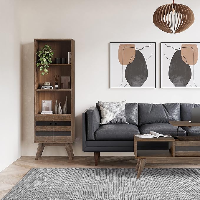 SIMPLIHOME Clarkson Bookcase - 70 inch Tall Solid Acacia Wood Storage Bookshelf in Rustic Natural Aged Brown, Contemporary Storage for Living Room, Study or Office with Open Shelves and Lower Cabinet
