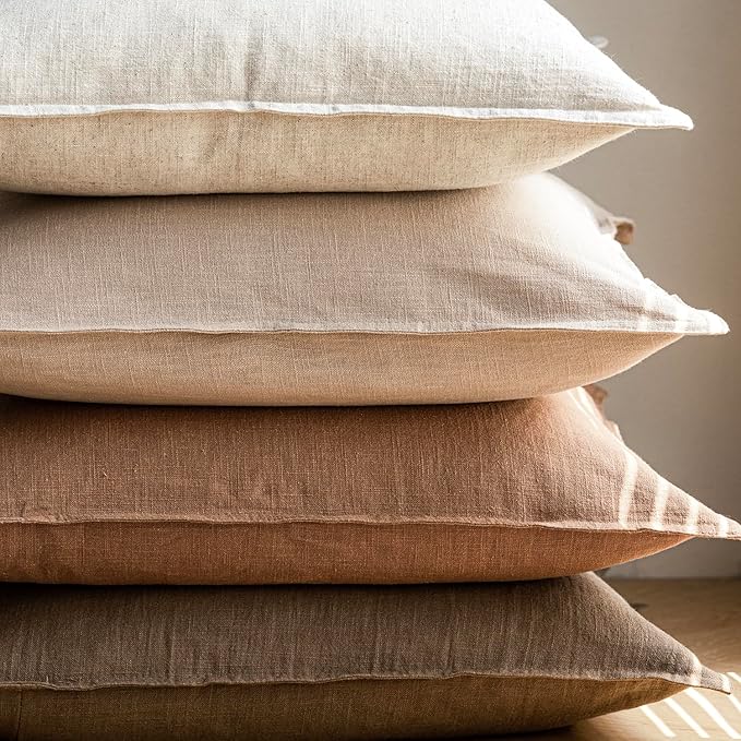 Foindtower Pack of 2, Decorative Linen Soild Throw Pillow Covers Soft Accent Cushion Case Boho Farmhouse Pillowcase for Chair Couch Sofa Bedroom Living Room Home Decor 26 x 26 Inch Light Khaki Brown