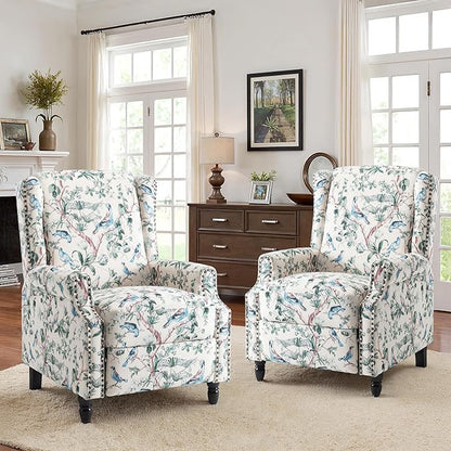 Recliner Chair, Upholstered Wingback Floral Pushback Armchair with Adjustable Backrest & Footrest, Comfy Accent Chair Reading Single Sofa for Small Spaces, Living Room, Bedroom (Bird, Set of 2)
