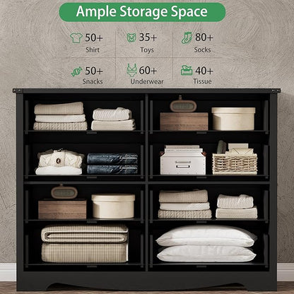 Dresser for Bedroom with 8 Drawers, 54" Wide Wood Chest of Drawers with Deep Drawers & Mental Handle, Modern Dresser TV Stand, Wooden Closet Storage Organizer for Living Room, Hallway, Entryway, Black