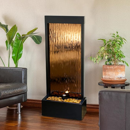 Alpine Corporation - Mirror Waterfall Fountain with Stones & Lights - Zen Indoor/Outdoor Decor for Office, Living Room, Patio, Entryway - 48 Inches (Bronze)