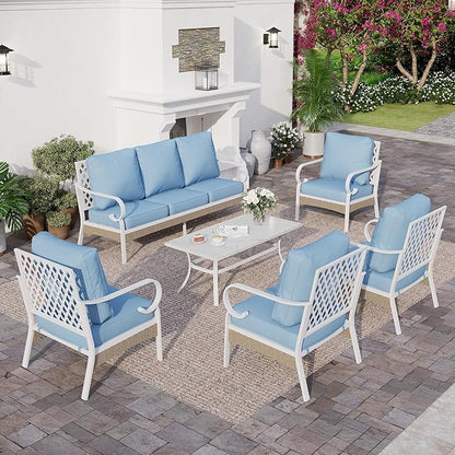 6 Piece Metal Outdoor Patio Furniture Sets, Patio Conversation Sets 1 3-seater Sofa, 4 Single Sofa with 5.75" Extra Thick Cushion and Coffee Table, White Frame Backyard Furniture, Blue