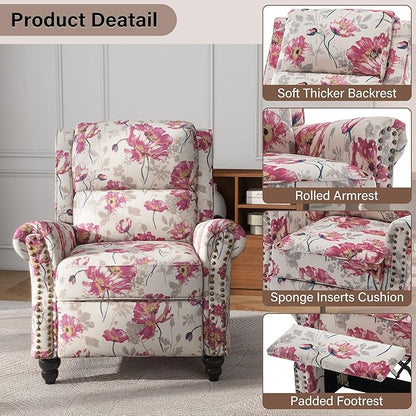 UIXE Floral Pushback Recliner Chairs Set of 2, Fabric Overstuffed Armchair Push Back Accent Chair for Living Room, Rivet Trim Club Chair Home Theater Single Sofa Bedroom Reading Seat
