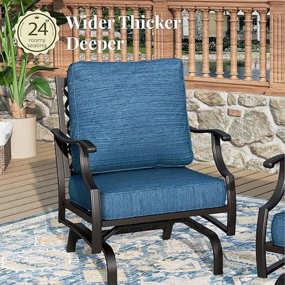 Patio Furniture Set, 6 Pcs Metal Outdoor Conversation Set, 2 Rocker Chairs, 2 Ottomans and 3 Seater Sofa with 5.75" Extra Thick Cushion and Gas Fire Pit Table, Gemstone Blue