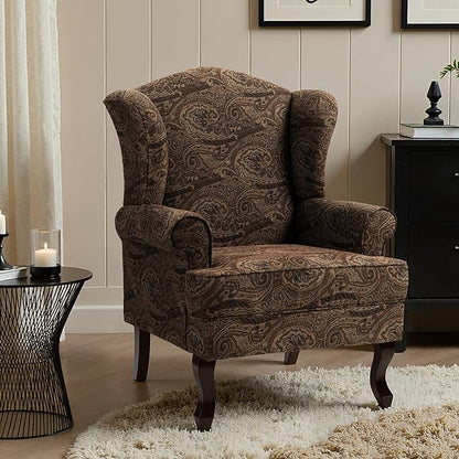Pia Ricco Set of 2 High Back Accent Chairs: Upholstered Fabric Armchairs with Solid Wood Legs - Retro Living Room Pair, Comfy Reading Sofa Seats-Cranberry