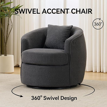 Swivel Accent Chair Set, Modern Upholstered Boucle Barrel Arm Chairs with Pillow for Living Room, 360 Degree Round Swivel Sherpa Armchair with Round Base for Bedroom Club (2, Dark Grey)