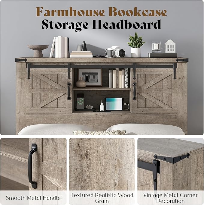 AMERLIFE Farmhouse Full Bed Frame with Storage Headboard & Charging Station, Rustic Wood Platform Bed with Barn Door Bookcase, No Box Spring Needed, Light Grey Bedroom Furniture
