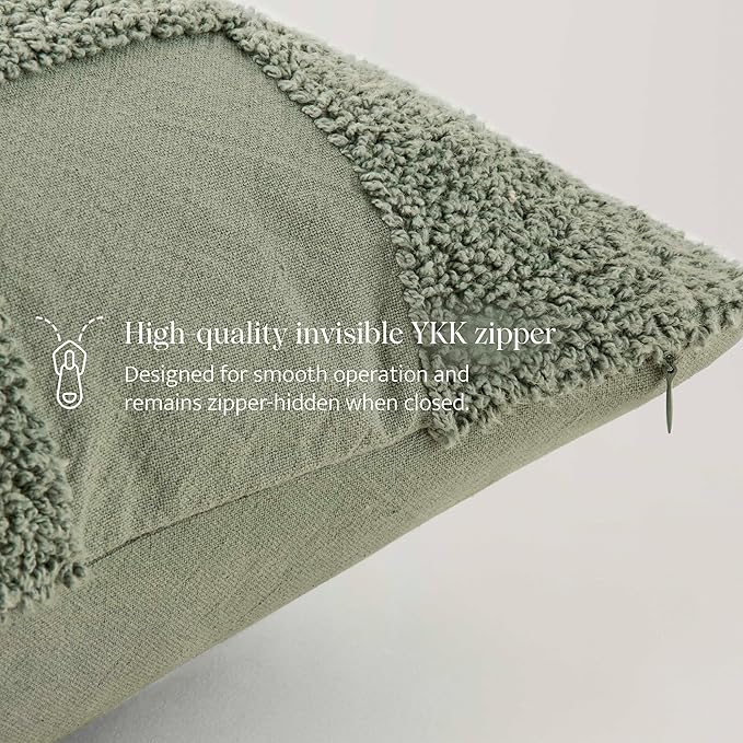 Double Stitch Checkered Throw Pillow Covers - 100% Cotton Set of 2 Tufted Boho Decorative Pillow Covers 20x20, Made in India, Square Cushion Case, Modern Home Decor for Couch, Sofa, Sage Green