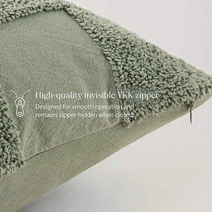 Double Stitch Checkered Throw Pillow Covers - 100% Cotton Set of 2 Tufted Boho Decorative Pillow Covers 20x20, Made in India, Square Cushion Case, Modern Home Decor for Couch, Sofa, Sage Green