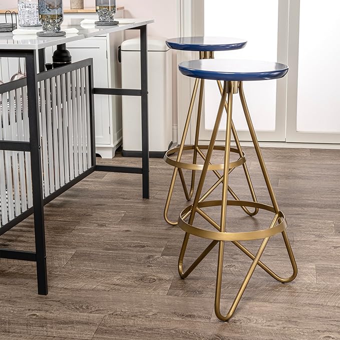 JONATHAN Y BSL1000A Spiroa 30" Modern Industrial Metal Backless Circular Bar Stool for Home, Kitchen, Dining Room, Workspaces, Cafes and Resturants, Navy Seat with Gold Frame