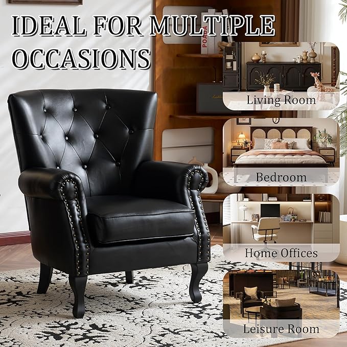 Modern Faux Leather Accent Chair, Upholstered Mid-Century Armchair with Solid Wood Legs, Single Sofa Chair for Living Room, Bedroom, or Reading Room（Black）