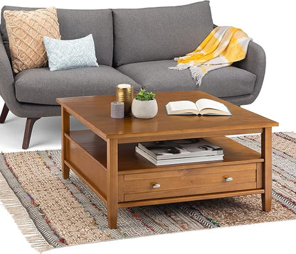 SIMPLIHOME Warm Shaker Square Coffee Table - 36 inch Wide Solid Wood Cocktail Table in Light Golden Brown, Transitional Living Room Table with Large Storage Drawer and Open Shelf for Sitting Area