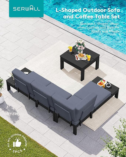 SERWALL HDPE Patio Furniture Set with 15FT Double Side Patio Umbrella, Outdoor Sofa Set, Seats 4, Modular Sectional Couch for Patio, Garden, Backyard, Black Frame with Grey Cushion