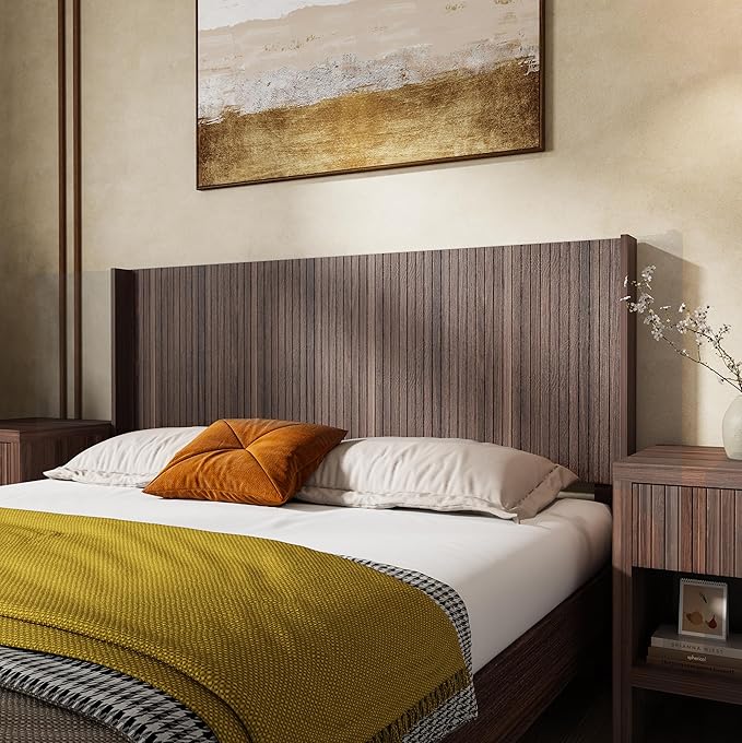 KEIKI Wooden King Size Headboard Only, 80.2" Wide Farmhouse Headboards with Wall Mounted Fluted Panel & Wingback for Bedroom, Walnut Brown