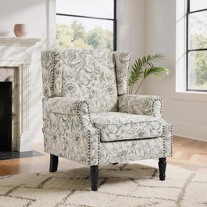 Lumibee High Back Accent Chair, Armchair in Fabric, Comfy Upholstered Wingback Single Sofa Reading Chair with Solid Wood Legs for Living Room,Bedroom,Office-Rococo Green