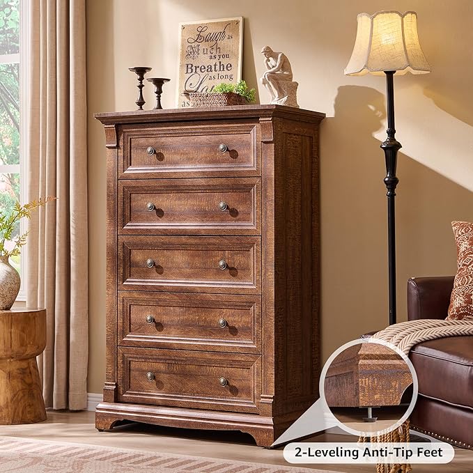 T4TREAM Farmhouse 5 Drawer Dresser for Bedroom, 47" Tall Wood Dresser with Ample Storage Space and Rustic Charm, Reclaimed Barnwood