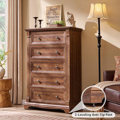 T4TREAM Farmhouse 5 Drawer Dresser for Bedroom, 47" Tall Wood Dresser with Ample Storage Space and Rustic Charm, Reclaimed Barnwood