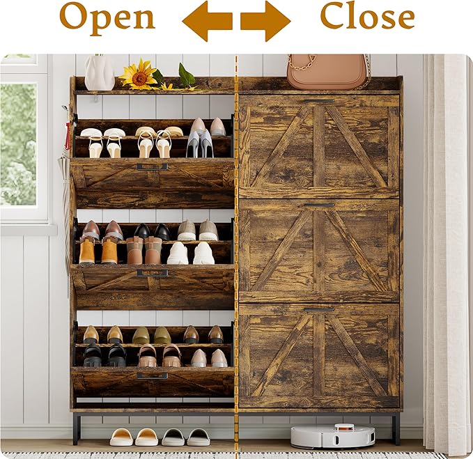 Shoe Cabinet Storage for Entryway, Shoe Storage Cabinet with 6 Flip Drawers, Freestanding Narrow Shoe Rack Organizer with Metal Legs, Adjustable Shelves & Open Storage for Foyer, Hallway, Brown