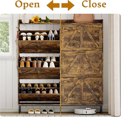 Shoe Cabinet Storage for Entryway, Shoe Storage Cabinet with 6 Flip Drawers, Freestanding Narrow Shoe Rack Organizer with Metal Legs, Adjustable Shelves & Open Storage for Foyer, Hallway, Brown