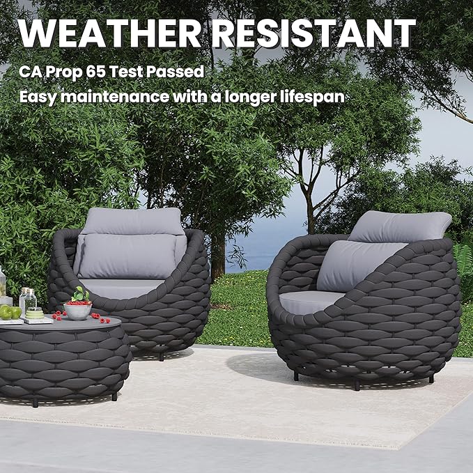 3 Pieces Woven Rope Patio Furniture Sofa Sets: Aluminum Outdoor Conversation Set of 2 - Assembled Modern Cushions Couch Armchair Table Set - All Weather for Indoor Deck Porch Pool Hotel