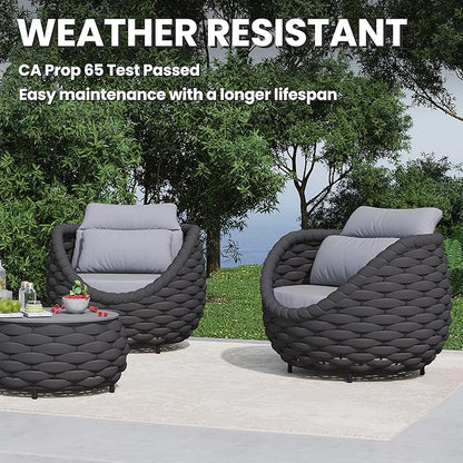 3 Pieces Woven Rope Patio Furniture Sofa Sets: Aluminum Outdoor Conversation Set of 2 - Assembled Modern Cushions Couch Armchair Table Set - All Weather for Indoor Deck Porch Pool Hotel
