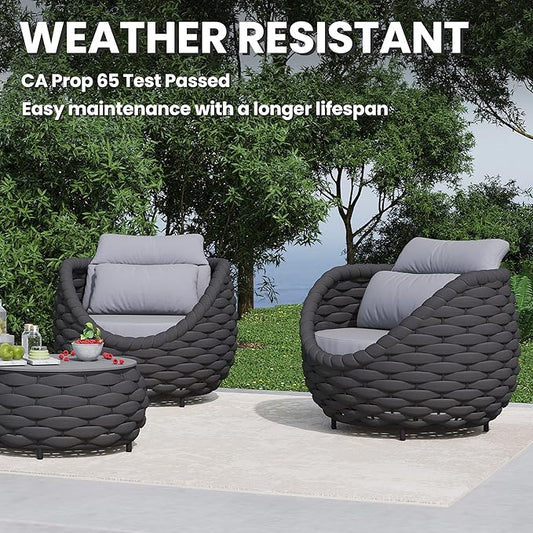 3 Pieces Woven Rope Patio Furniture Sofa Sets: Aluminum Outdoor Conversation Set of 2 - Assembled Modern Cushions Couch Armchair Table Set - All Weather for Indoor Deck Porch Pool Hotel