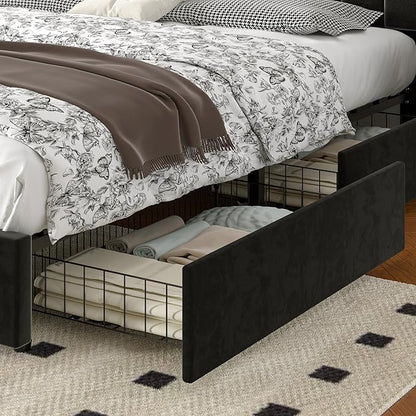 VECELO King Size Upholstered Bed Frame with 4 Drawers and Headboard, Velvet Platform Storage Bedframe, Wooden Slats Support, No Box Spring Needed,Black