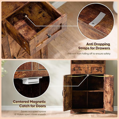 SUPER DEAL Farmhouse Storage Cabinet, Bathroom Floor Cabinet Kitchen Pantry with Doors and Drawers, Hutch Cupboard for Laundry, Living Room, Bedroom, Rustic Brown