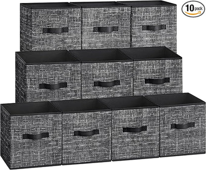 SONGMICS Storage Cubes, 10.2 x 10.2 x 11 Inches Non-Woven Fabric Bins with Double Handles, Set of 10, Closet Organizers for Shelves, Foldable, for Clothes, Ink Black UROB126B01