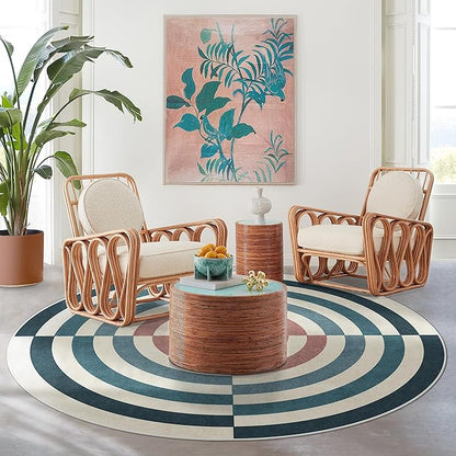RUGGABLE x Jonathan Adler Machine Washable Modern Area Rug – Op Art Teal 6 ft Round, Stain-Resistant, Non-Slip – Medium Rugs for Living Room, Bedroom, Hallway, Entryway & Office–with Standard Pad