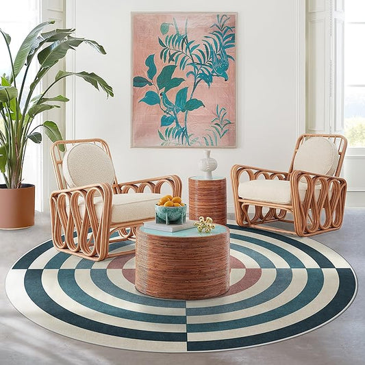 RUGGABLE x Jonathan Adler Machine Washable Modern Area Rug – Op Art Teal 6 ft Round, Stain-Resistant, Non-Slip – Medium Rugs for Living Room, Bedroom, Hallway, Entryway & Office–with Standard Pad