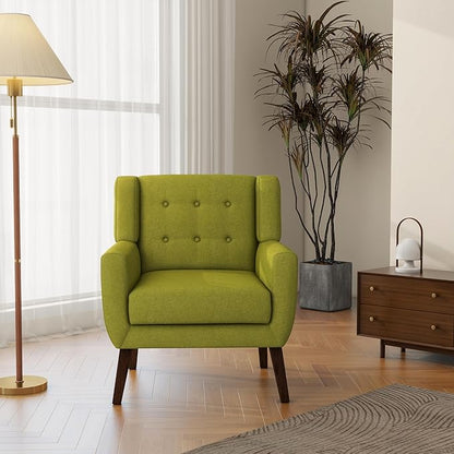 Accent Chair, Mid-Century Modern Fabric Chairs with Arms for Living Room, Comfy Upholstered Club Single Sofa Armchair for Bedroom Waiting Room with Solid Wood Frame (Fabric Green, Set of 2)