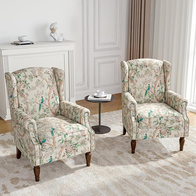 Wingback Accent Chairs Set of 2, High Back Upholstered Armchair, Printed Fabric Wingback Arms Chairs with Wood Legs, Single Sofa Reading Chair for Bedroom Living Room, Bird