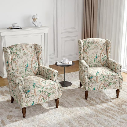 Wingback Accent Chairs Set of 2, High Back Upholstered Armchair, Printed Fabric Wingback Arms Chairs with Wood Legs, Single Sofa Reading Chair for Bedroom Living Room, Bird